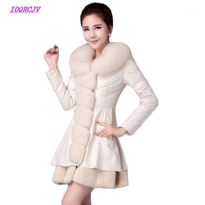 

Faux Fur Coat Parkas Winter Jacket Women High Quality Fur Collar Atchwork Leather Down Cotton Coats Plus Size 6XL W441, Beige