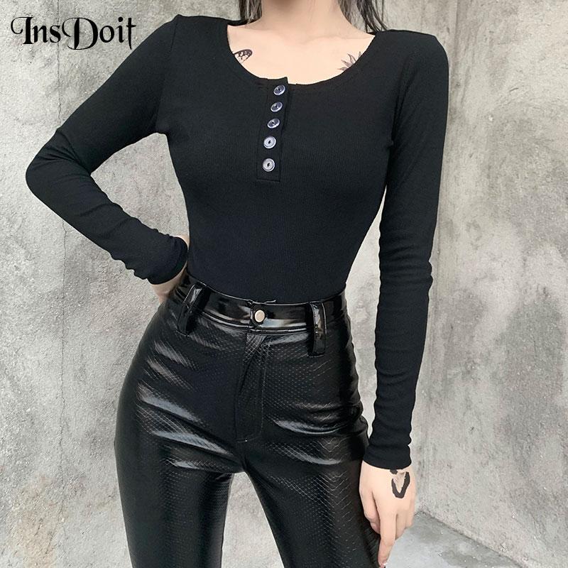 

InsDoit Casual Punk Button Up Black Tops Harajuku Sexy Bodycon Long Sleeve Tops Streetwear Gothic Women Autumn Basic T Shirts