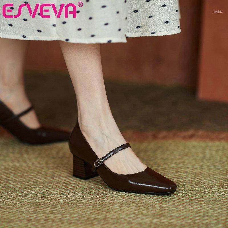 

ESVEVA 2021 Spring Ankle Strap Genuine Leather Female Pumps Women Square High Heels Buckle Shallow Ladies Shoes Size 34-401, Brown