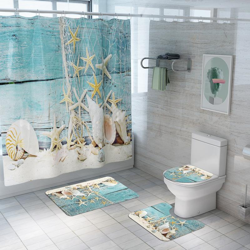 

Printed Starfish Shower Curtain with Bath Mat Microfiber Bathroom Foot Mat Non Slip Bath Rug Set Absorbent Toilet Seat Cover