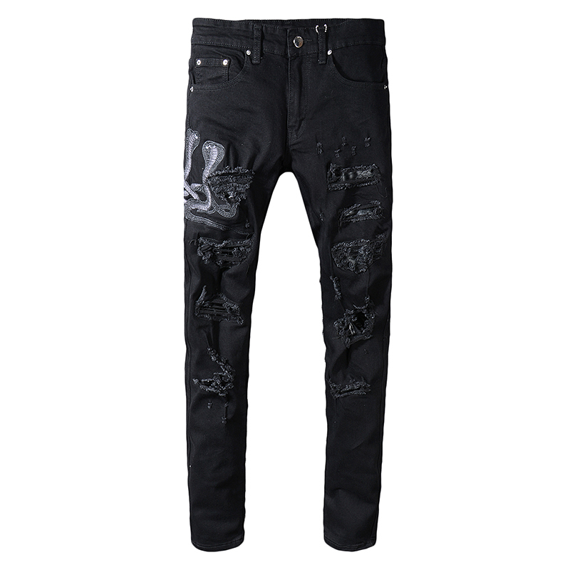 

Sokotoo Men's black snake embroidered skinny ripped jeans Streetwear holes PU leather patchwork stretch denim pants C1123