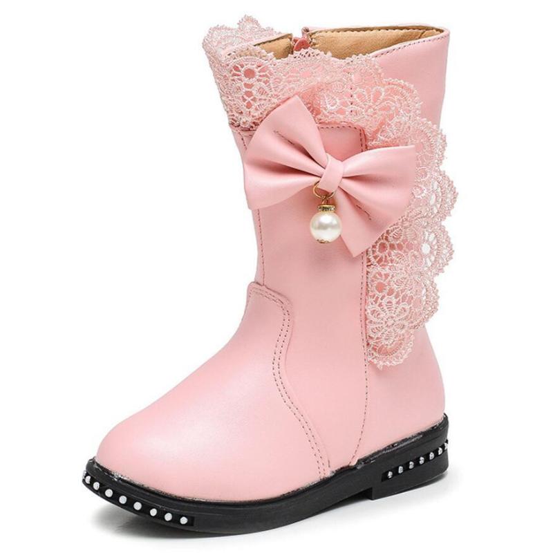 

Winter boots for boys boots for girls fashion sweet bow with leather ankle length and rubber snow kids girls, Black
