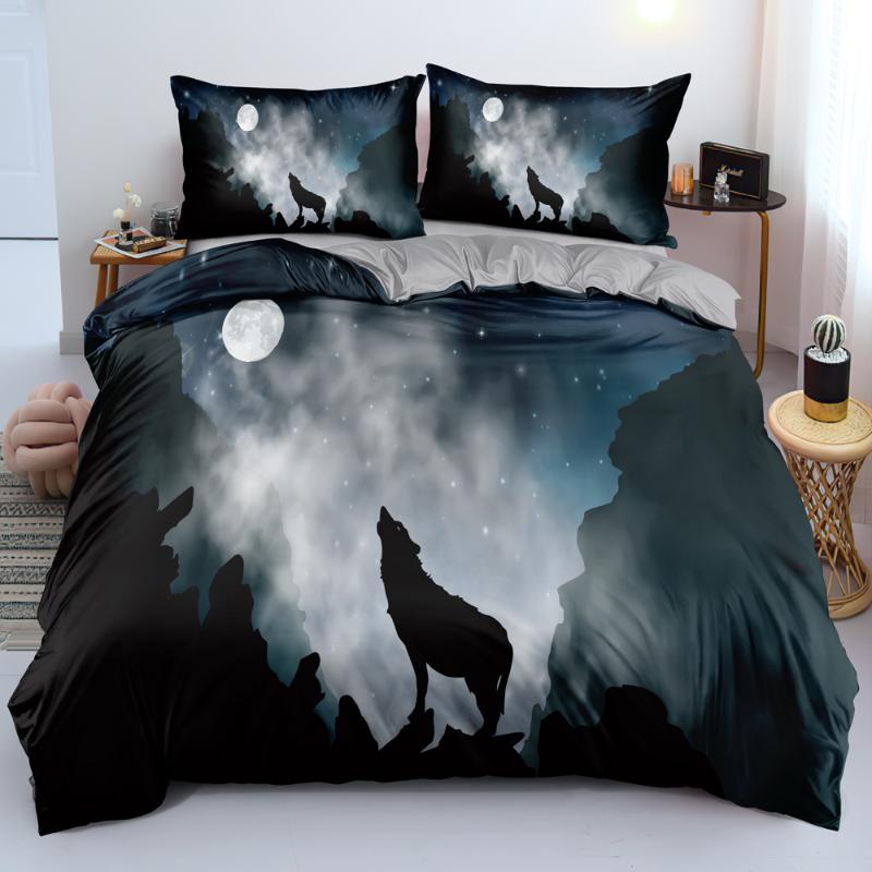 

3D Gray Beddings Design Animal Quilt Cover Sets Wolf Comforter Covers Pillow Cases King Queen Single  Full Size 180*200cm, Wolf027-camel
