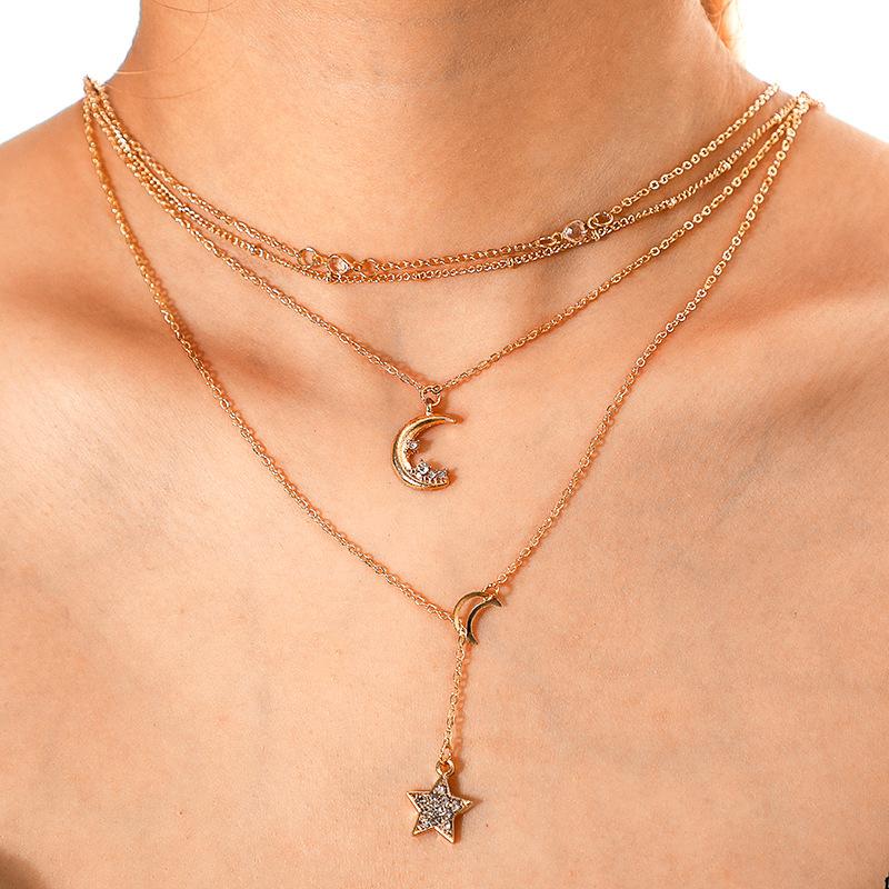 

Korean Elegant Multilayer Rhinestone Star Moon Pendant Necklaces Women Fashion Gold Chain Clavicle Necklace Jewelry Gift YN516