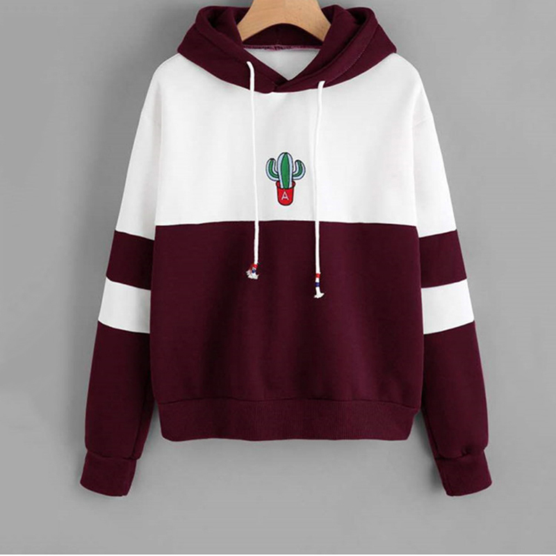 

2020 casual sports ladies pullovers cordon color block cactus embroidered hoodie spring long sleeve, Blake