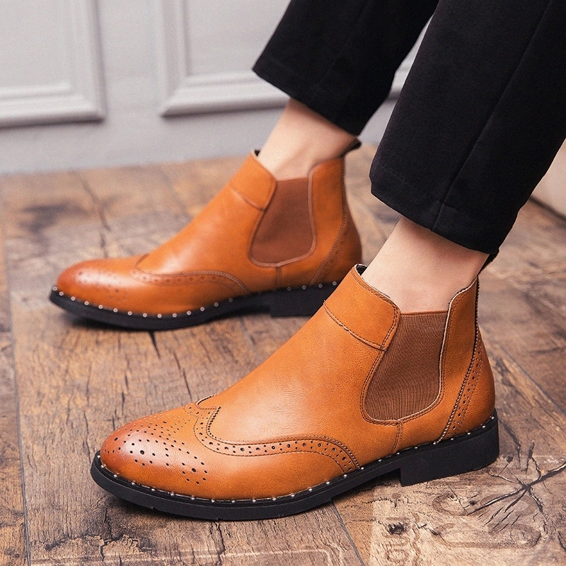 

Retro Men Boots outdoor Comfortable brogue Brand Casual Shoes slip on Split Leather Casual British Style Snow Boots shoes s5 #Qn4g