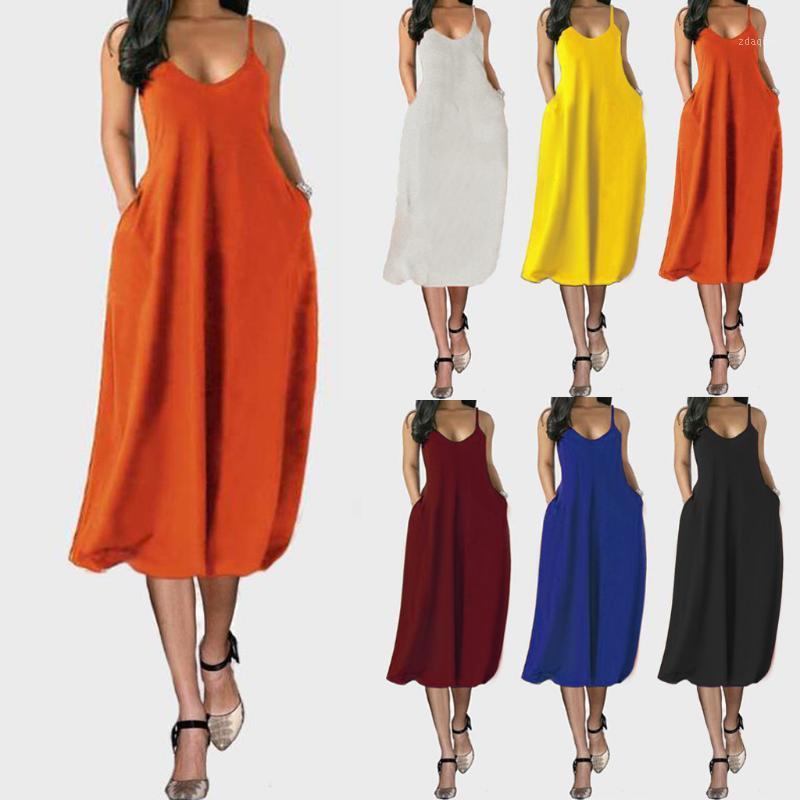 

Summer Long Dresses Loose Spaghetti Straps Sleeveless O-Neck Pockets Plus Size Women Sexy Dresses Sundress Casual Clothing1, Gray
