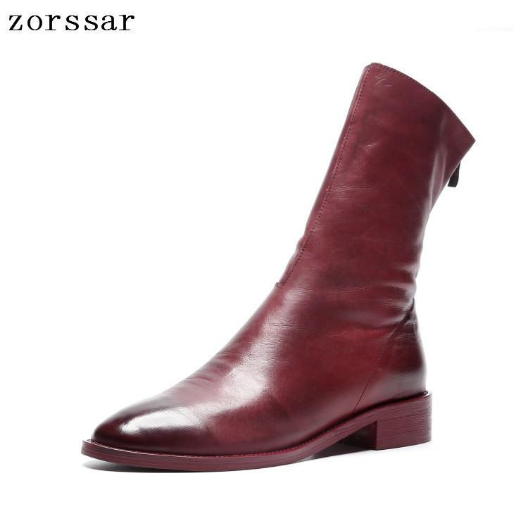 

Zorssar} 2020 New Fashion young women sexy mid calf Boots soft cow Leather women boots flat plus size shoes winter1, Black