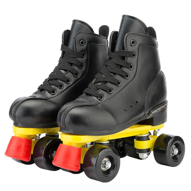 

Artificial Leather Roller Skates PU Adult Double Line Skates Women Men Black Two Line Skating Shoes Flash 4 Wheels White Patines, Black b