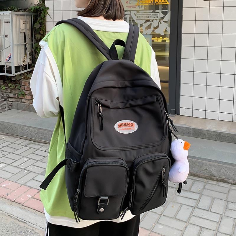 

HOCODO Female Casual Double Front Pocket Packbag Women Waterproof Canvas Backpack New Women Shoulder Bag Solid Student Bookbag, Beige