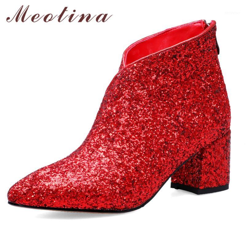 

Meotina Winter Ankle Boots Women Glitter Thick High Heel Short Boots Bow Zipper Pointed Toe Wedding Shoes Ladies Red Size 34-391
