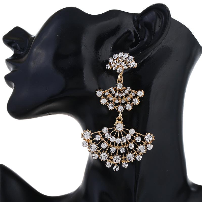 

New Trendy Big Fan Drop Earrings for Women Bohemian Silver Color Metal Rhinestone Statement Earring Wedding Party Jewelry