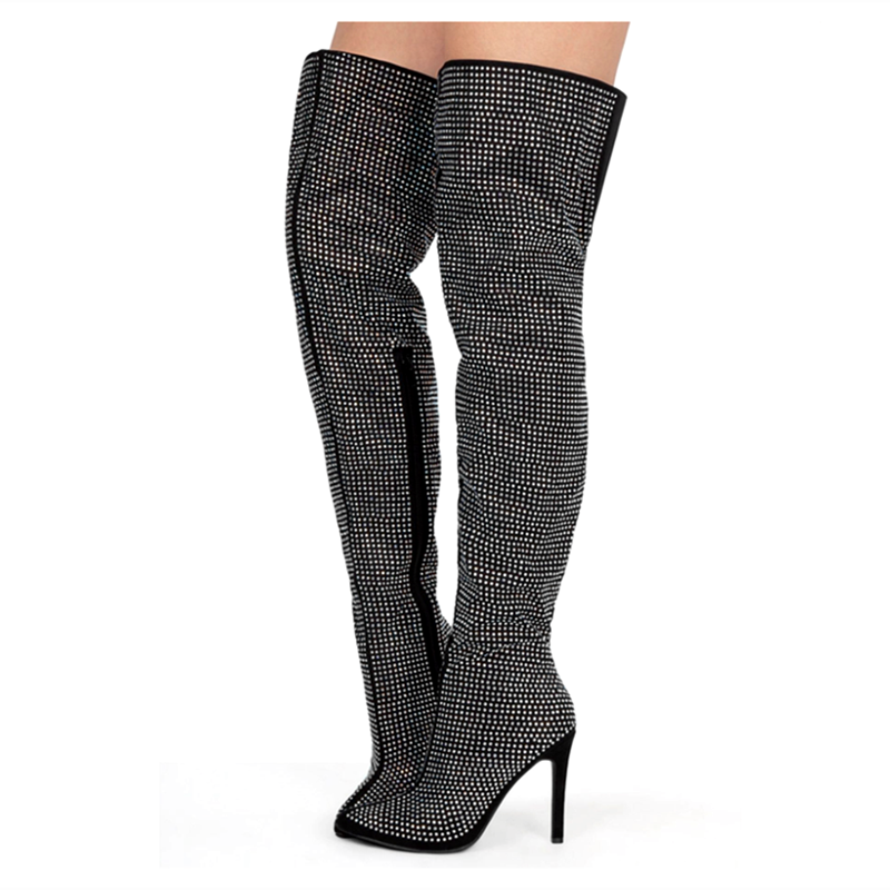 

Luxury Shiny Rhinestone Ornament Women Thigh High Boots Long Over The Knee Side Zip High Heel Shoes Boots Big Size 43, Black