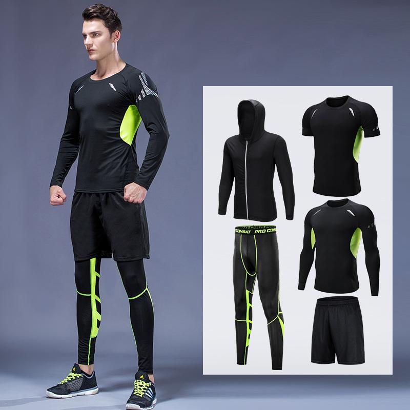 

5pcs Men's Tracksuit Gym Fitness Compression Sport Suit Patchwork Running Set Sport Jogging Training Wear Workout Exercise Tight, 2pcs long green