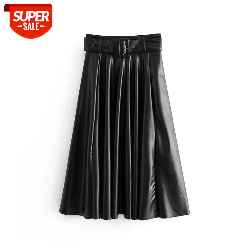 

Bonjean Women Chic PU Leather Solid Midi Skirt Bow Tie Belt Side Zipper A Line Female Basic Casual Fashion Skirts Mujer #qQ5s, White;black