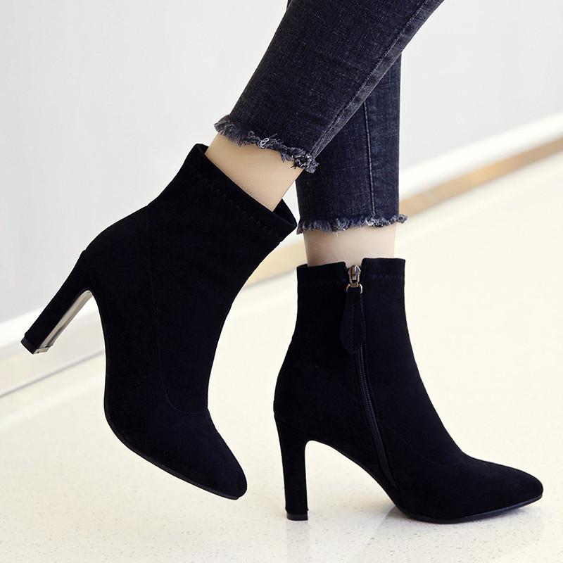 

YQBTDL 2020 Winter Elegant Lady Office Black High Heel Stretch Sock Boots Faux Nubuck Suede High Heel Ankle Boots Womens Shoes1