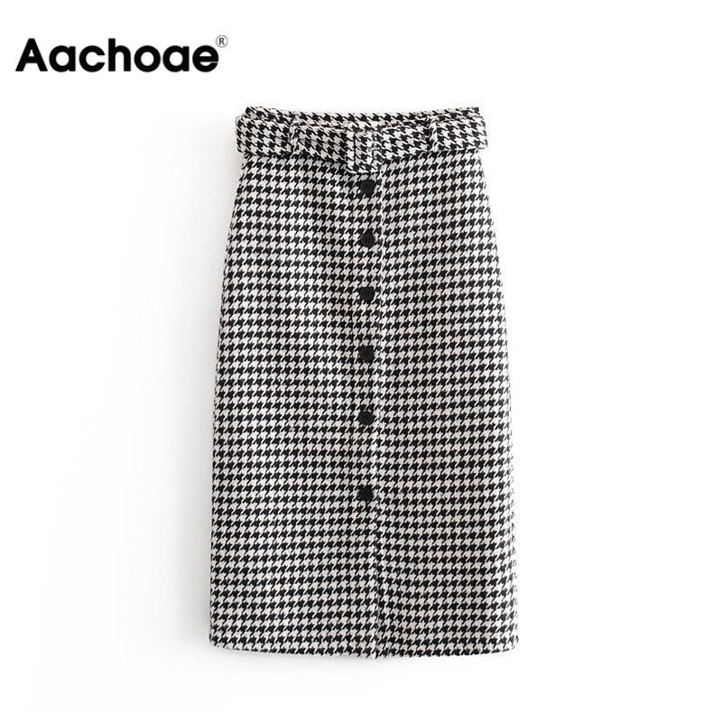 

Aachoae Women Skirts Vintage Elegant Tweed Houndstooth Midi Skirt With Belt Fashion Office Ladies Chic Plaid Split Skirt Y200326