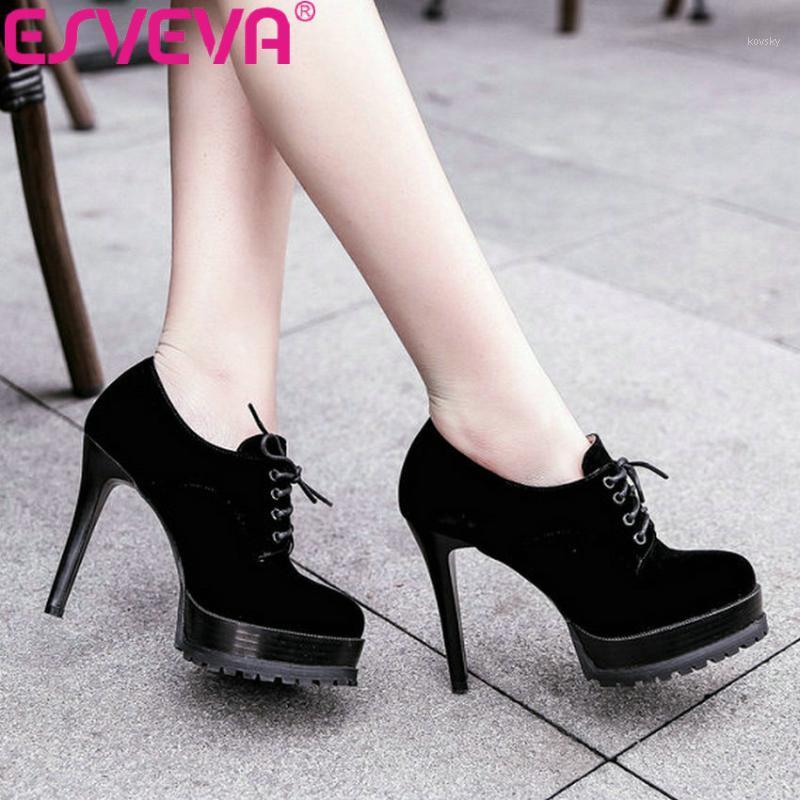 

ESVEVA 2021 Women Pumps Concise Lace Up Round Toe Thin High Heels Platform Pumps Western Style PU/Suede Lades Shoes Size 34-431, Black suede