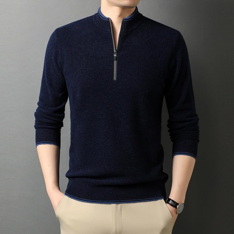 

2020 New 100% Pure Cashmere Men Zipper Half High Collar Sweater Casual Computer Knitted Sweatercoat, Blue