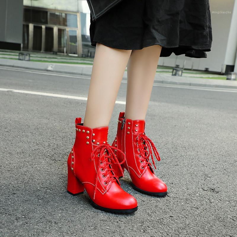 

Plus Size 43 Fashion 2019 Winter Ankle Biker Boots Women Studded Lace Up Block High Heels Red Black Boots Shoes Female1