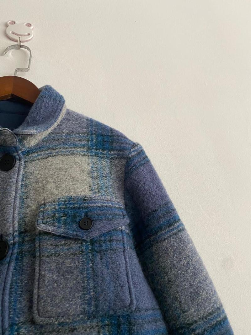 

2020 Warm Woman Fashion Wool Blend Checked Jacket Chest Pockets Long Sleeves Short Jacket coat, Blue