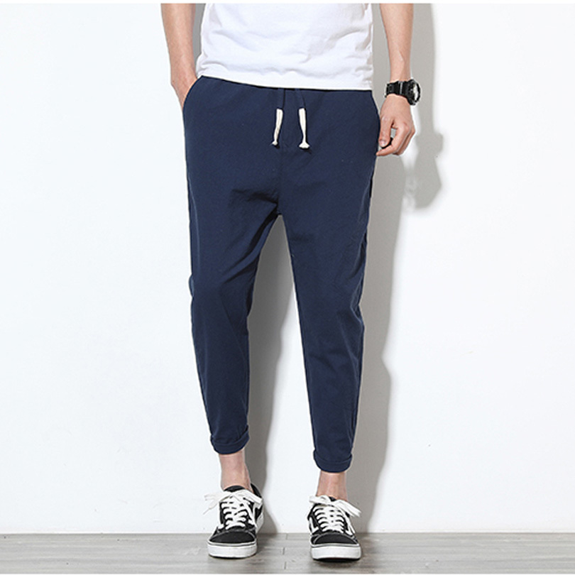 

2020 Hot Sale Summer Men's Linen Pants Solid color Ankle-Length Casual Pants male Fashion Streetwear Men Linen pencil Trousers Y1114, Black