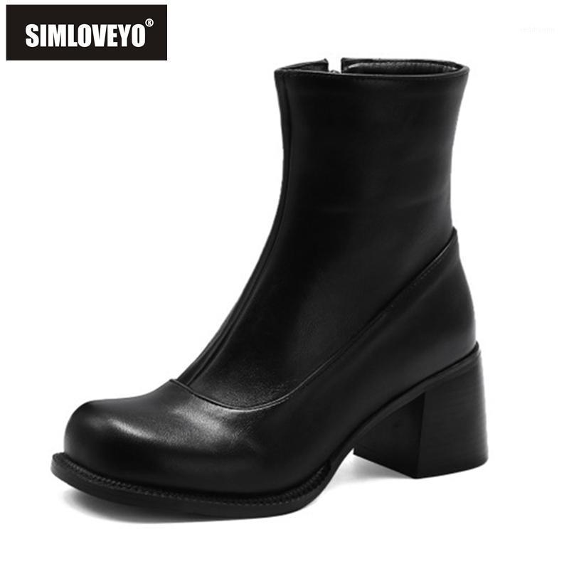 

SIMLOVEYO New 2021 Women Ankle Boot Round Toe 6.5cm Square Heels Classic Simple All-Match Big Size 34-48 Casual Spring A33991, Black pu