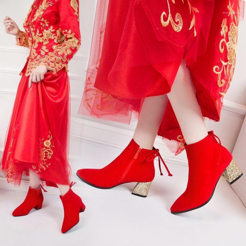 

Zipper Pointy Boot Rock Shoes Woman Winter Footwear Pointe 2021 Med Rubber Ankle Red Ladies Hoof Heels Short Plush Riding Metal1