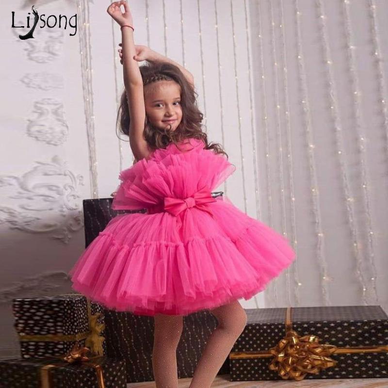 

Cute Fuchsia Puffy Tutu Short Christmas Kids Dresses To Birthday New Year Party Tulle Flower Girl Dress Pageant Girls Dresses, Beige