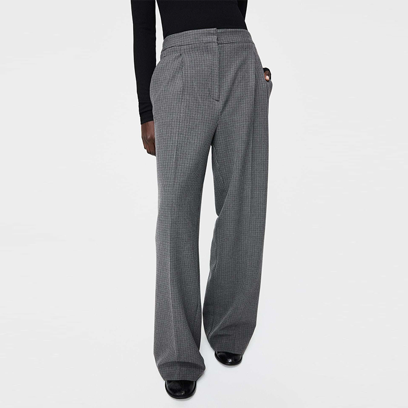 

2021 New Spring Autumn Plaid Trouser High Waist Wide Leg Women Stretch Pantalon Female Fashion Pants Zipper Trousers Clj6