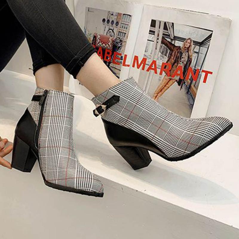 

Plaid Ankle Boots for Women 2019 Autumn And Winter Stitching Color Chunky Heels High-Heeled Buckle Strap Boots Women1, Black