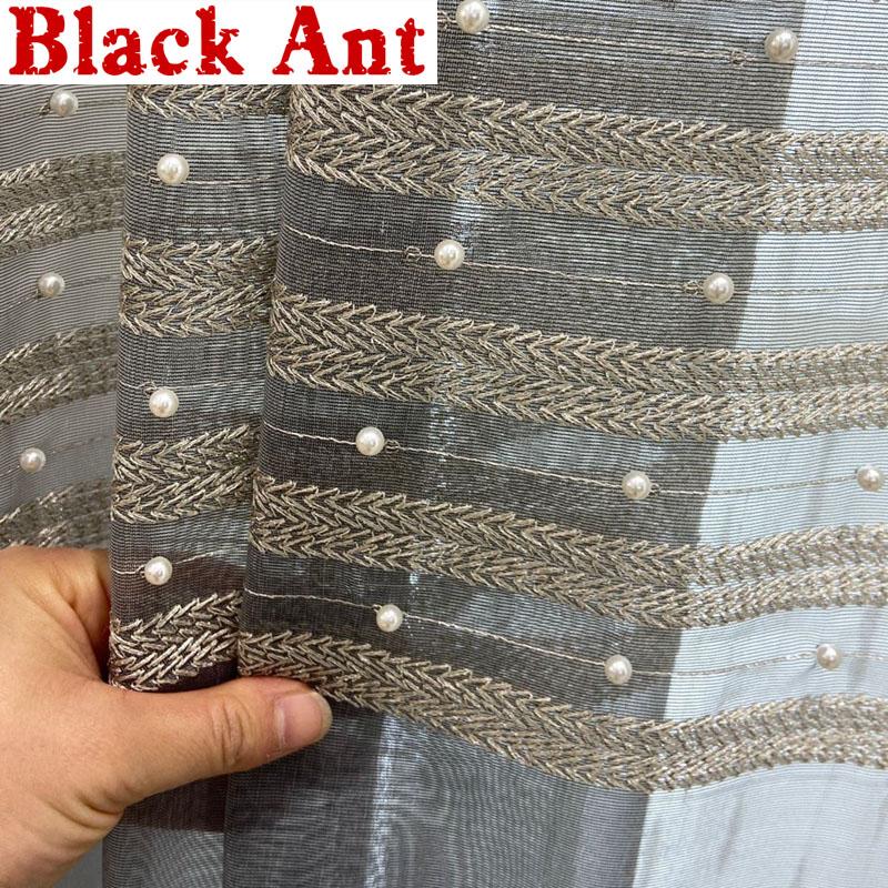 

Luxury Nordic Grey Gradient Beaded Curtain Tulle Pearl Striped Voile Window Screen Living room Bedroom Cortinas Rideaux JD837F5