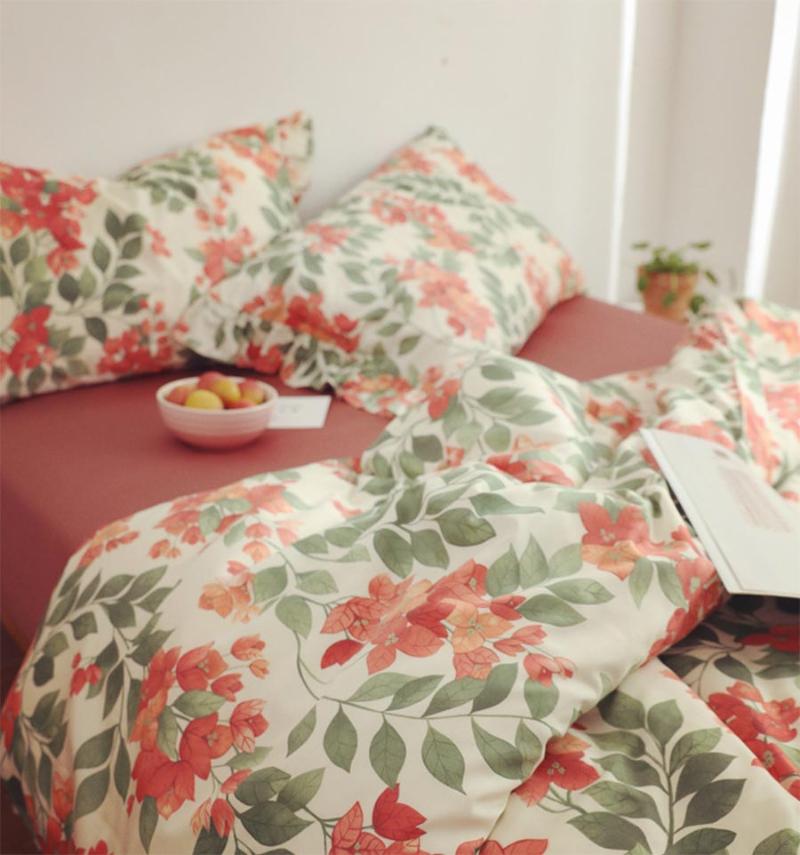 

Pastoral red flower green leaf bedding set, full queen king 60s cotton double home textile bed sheet pillow case duvet cover, Picture color