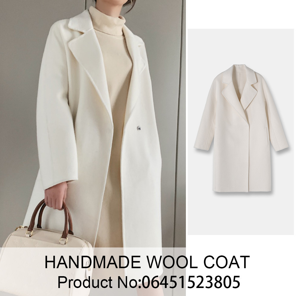 

Autumn Winter Female Wool Mix Overcoat Ladies Warm Woolen Wide Waisted Lapel Long Sleeves Double Sided Coat For Women, White