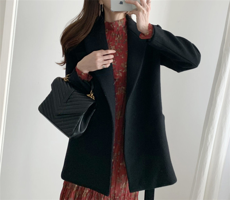 

2021 New Elegant Korean Women's Autumn Sashed Thin Woolen Lapel Collar Solid Camel Wool Warm Black Jacket OCJ3