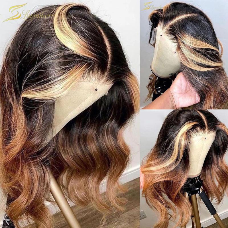 

Ombre Highlight Honey Blonde 13x6 Lace Front Human Hair Wigs Brazilian Pre Plucked Full Remy Wavy Wigs Body Wave Closure Frontal, As pic