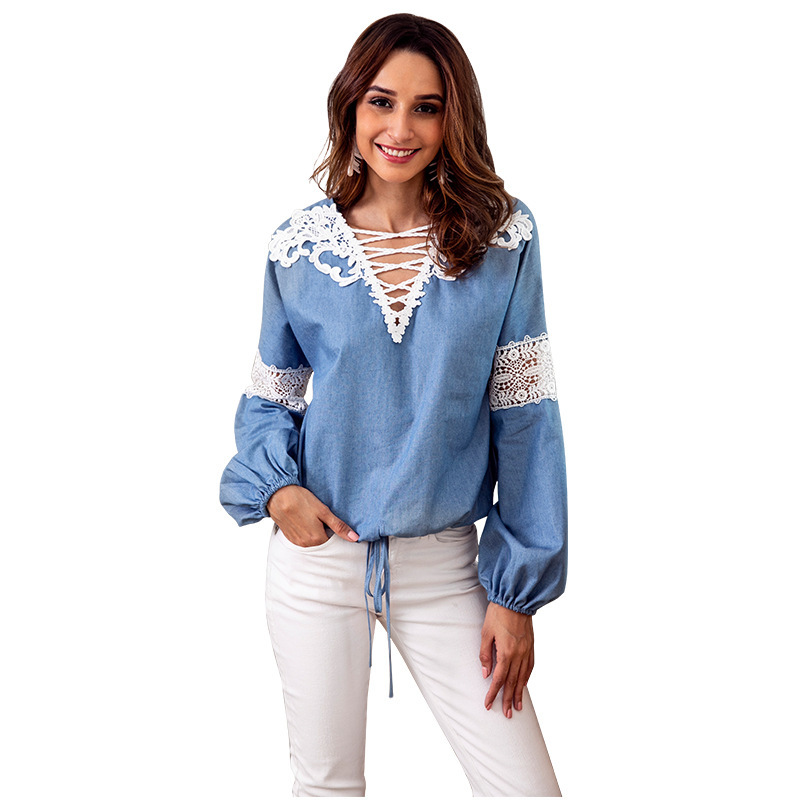 

Autumn Cowboy Blue Suit-Coat dress V Lead Lace Split Joint Long Shirt 5PPT