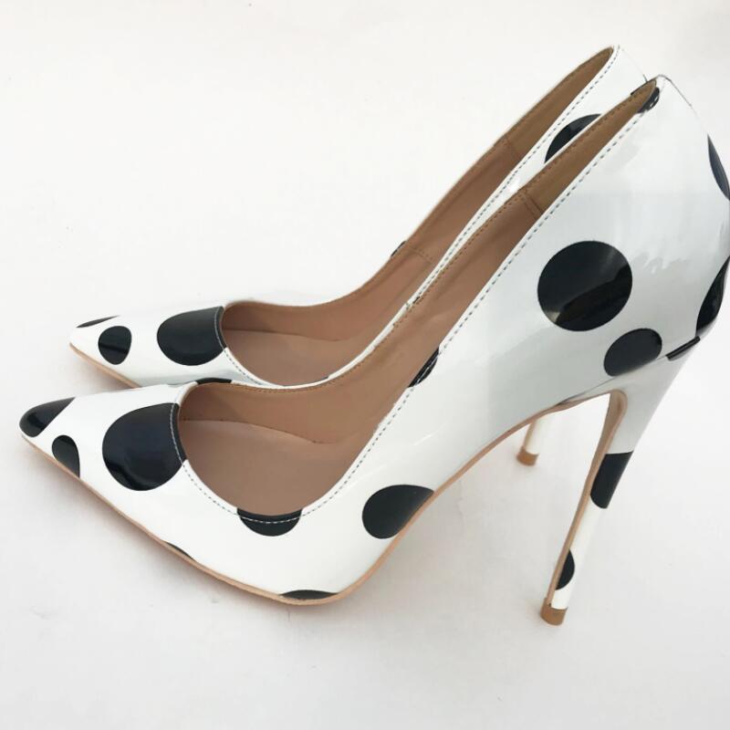 

2021Fashion Women Pumps White Wave-point Patent Leather High-heeled Shoes Color matching thin-heeled Stiletto Pointed Toes Party Dress Shoes, Heel 12cm
