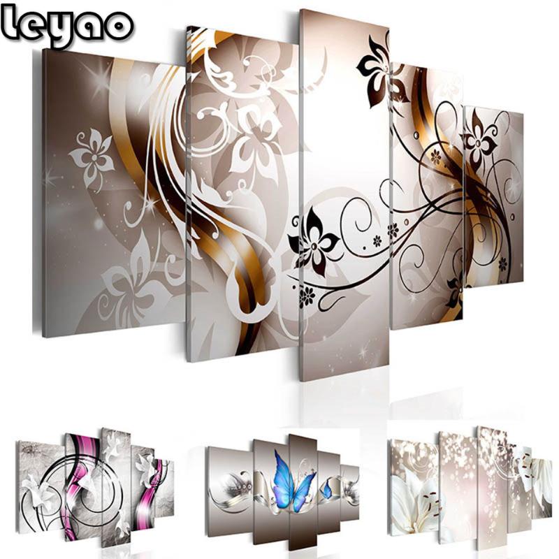 

diy 5d diamond painting Abstract 5 Pieces Plant Orchid diamond embroidery Modular Pictures Home Office Decoration full drill