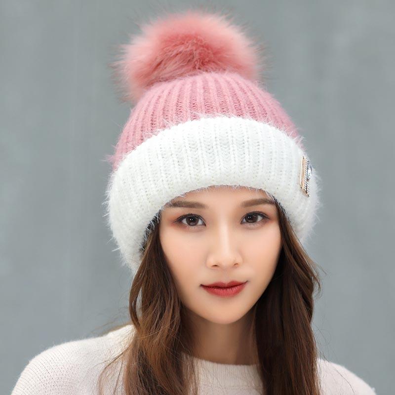 

Winter Hats for Women Faux Hair Knitted Beanie Hat Girl's Cap Thick Warm Female Skullies Beanies Bonnet Pom Poms Caps, Pink and white