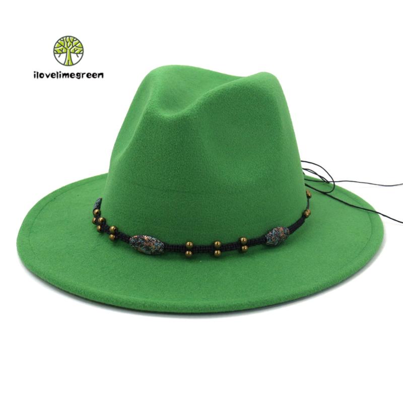 

New Arrivel Grass Green Woolen Felt Fedora Hat Wide Brim Women Men Vintage Party Jazz Panama Hat, White