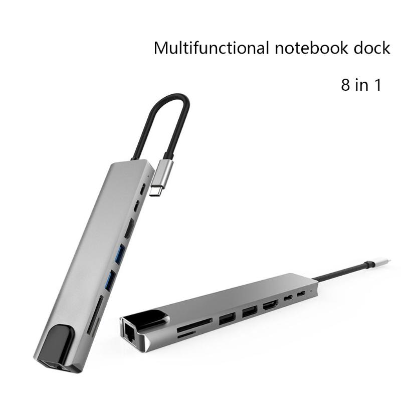 

8 in 1 HUB Aluminum Alloy USB-C Hub 4K 30HZ HD USB 3.0 Adapter Portable Laptop PD Charging SD &TF Card Reader RJ45