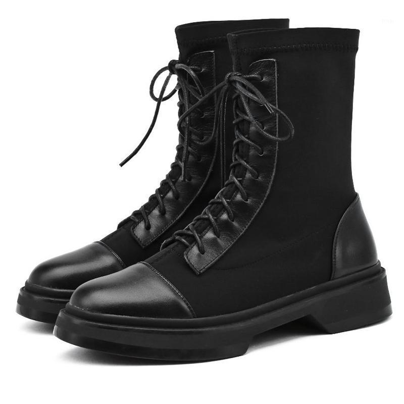 

ankle boots women's shoes genuine leather 2021new winter lace up leisure women patch work stretch ankle boots mujer1, Black