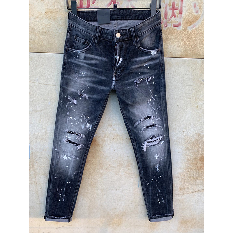 Mens Rips Stretch Black Jeans Fashion Slim Fit Washed Motocycle Denim Pants Panelled Hip HOP Trousers RQO5