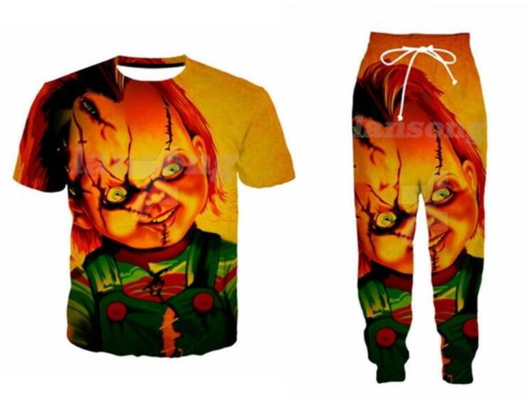 

Wholesale--2022 New Fashion Casual Chucky 3D All Over Print Tracksuits T-Shirt+joggers Pants Suit Women Men @035, Multi