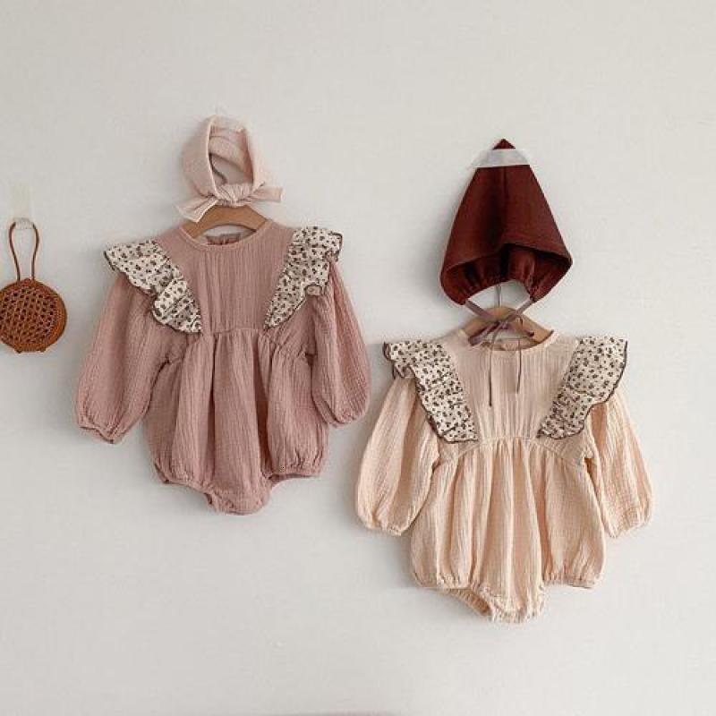 

2021 New Leopard Print Newborn Bodysuit Ruffle Shoulder Long Sleeve Girls Jumpsuit Toddler Cotton Baby Clothing Wfi3, Beige