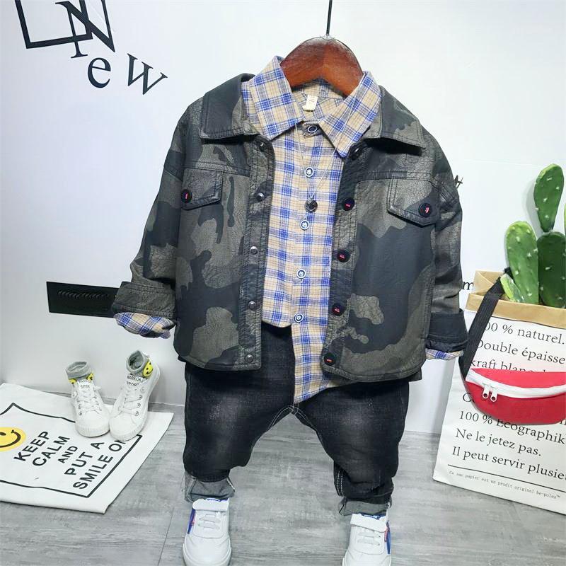 

Tracksuit for boys children clothing kids clothes sports suit for boys Faux Leather coat +shirt+ jeans 3PCS Clothing Set1, 3pcs set