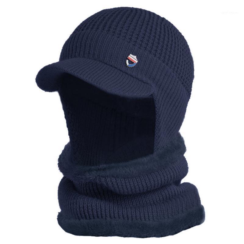 

2020 New Men Winter 2Pcs Set Visor Earflap Beanie Hat with Scarf Knit Plush Lined Warmer1