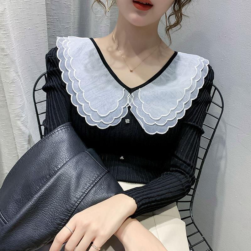 

Woman Sweaters Contrast Color Sweater Women's Autumn Clothing Thin Shirt Long Sleeve Lace Sweater Femme Chandails Pull Hiver, Red
