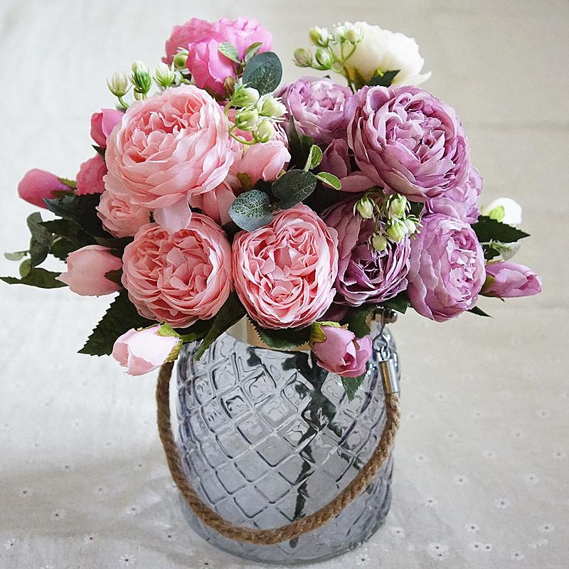 

5 Heads Cheap Artificial Silk Peony Flower Bouquet For Home Arrange Table Wedding Decoration Party Accessory Fake Flowers, Purple